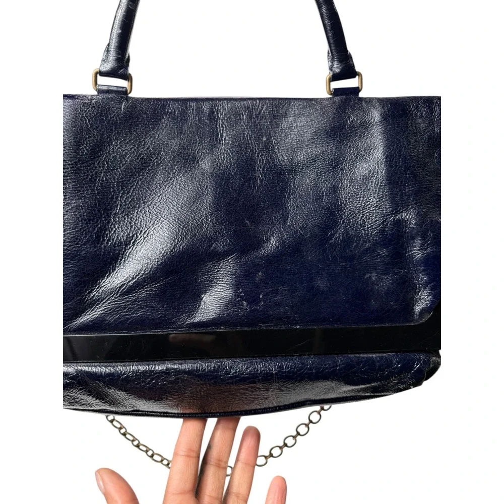 Lanvin Vintage Leather Satchel Bag Chain Detail‎ Navy Blue Medium